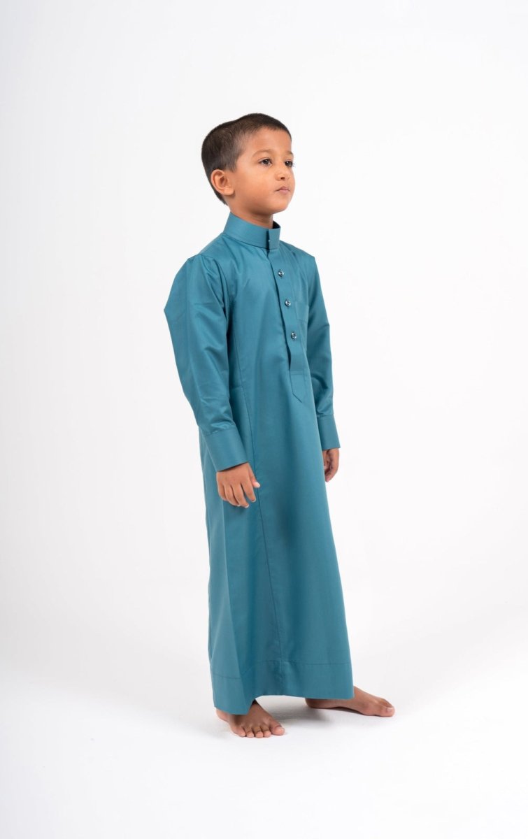 Kids Turquoise Saudi Hijazi Close Collar Jubba Thobes