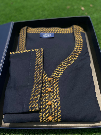 Mens Navy with Mustard Embroidery Maghribi 3/4 Sleeve Thobe