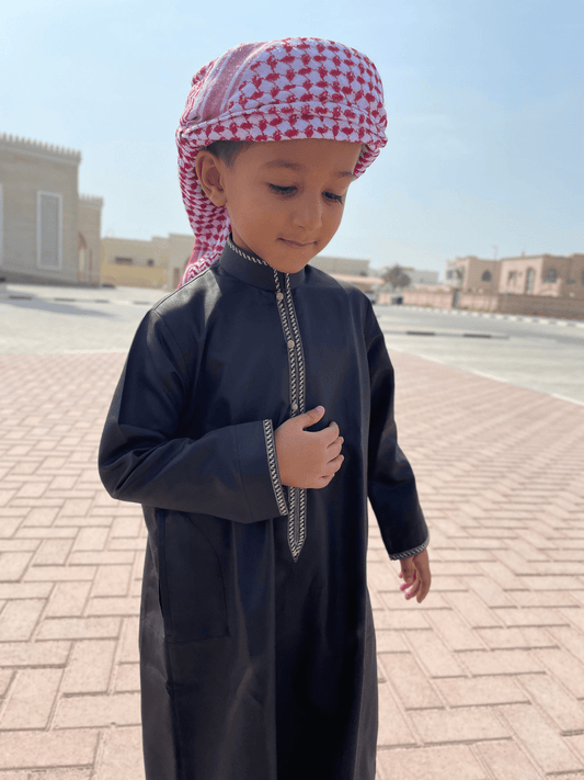 Kids Two Toned Black Bahraini Thobe with Cream Embroidery