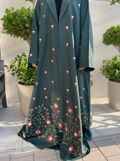 Bottle Green Linen Abaya with Elegant Floral Embroidery