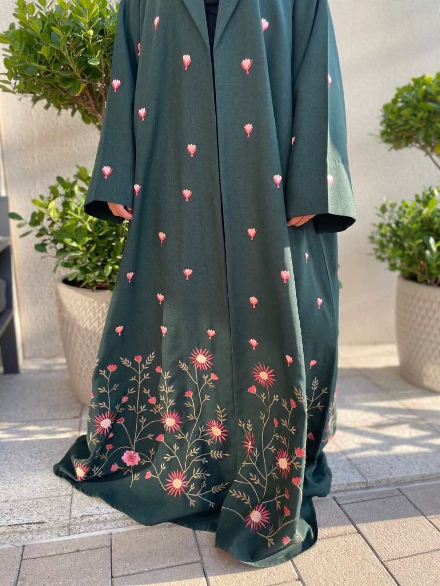 Bottle Green Linen Abaya with Elegant Floral Embroidery