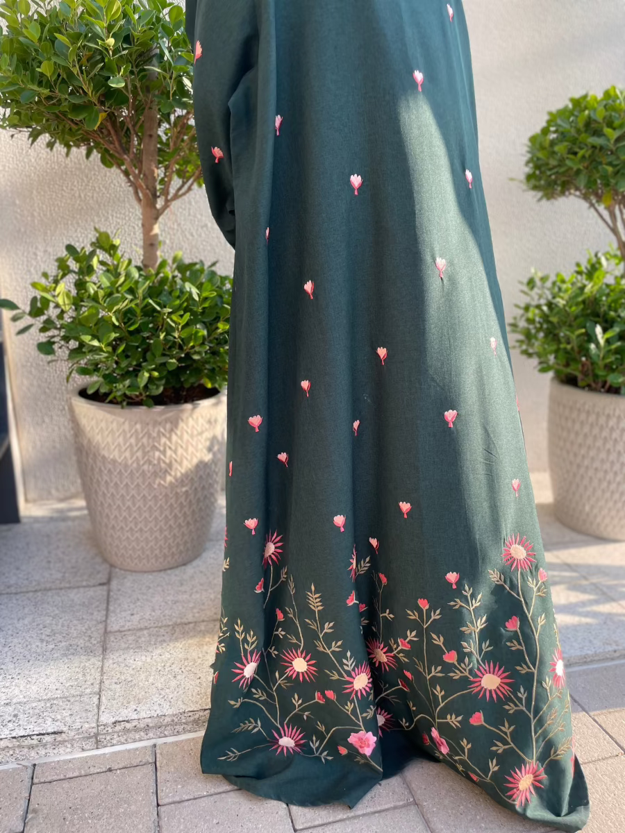 Bottle Green Linen Abaya with Elegant Floral Embroidery