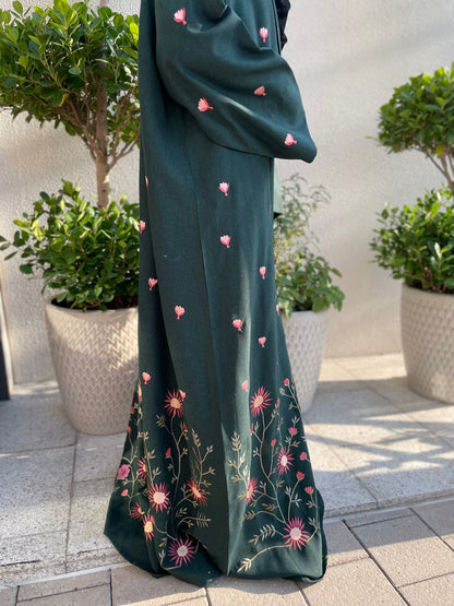 Bottle Green Linen Abaya with Elegant Floral Embroidery