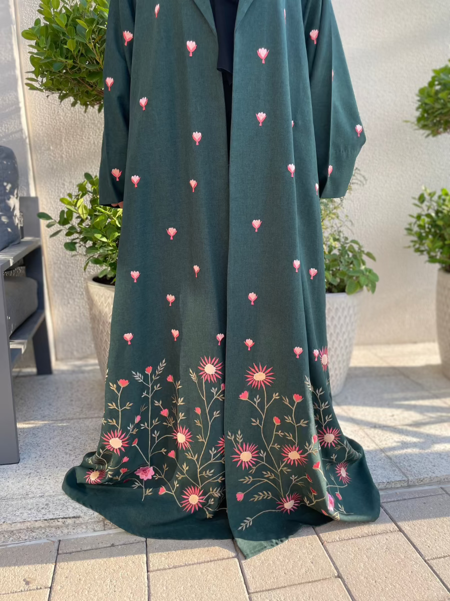 Bottle Green Linen Abaya with Elegant Floral Embroidery