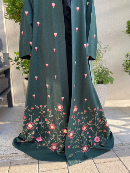 Bottle Green Linen Abaya with Elegant Floral Embroidery