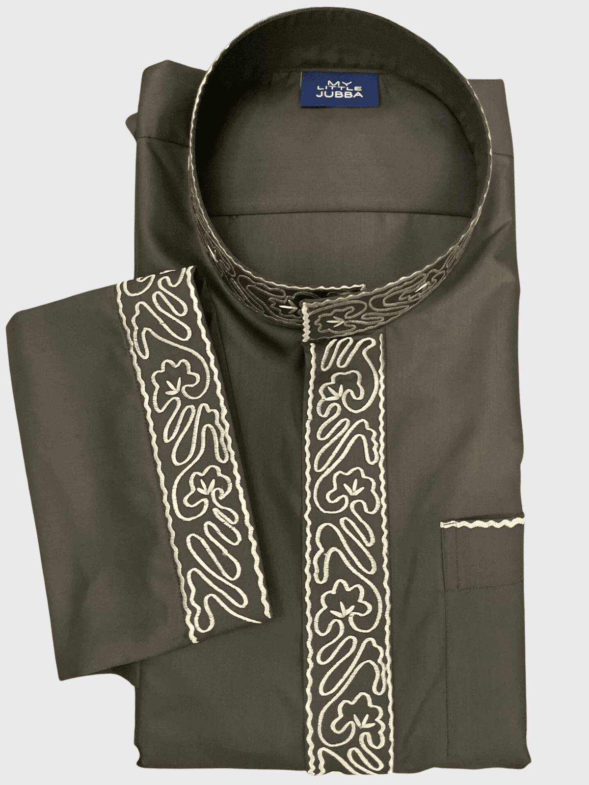 Mens Army Green Kuwaiti Thobe with Gold Embroidery