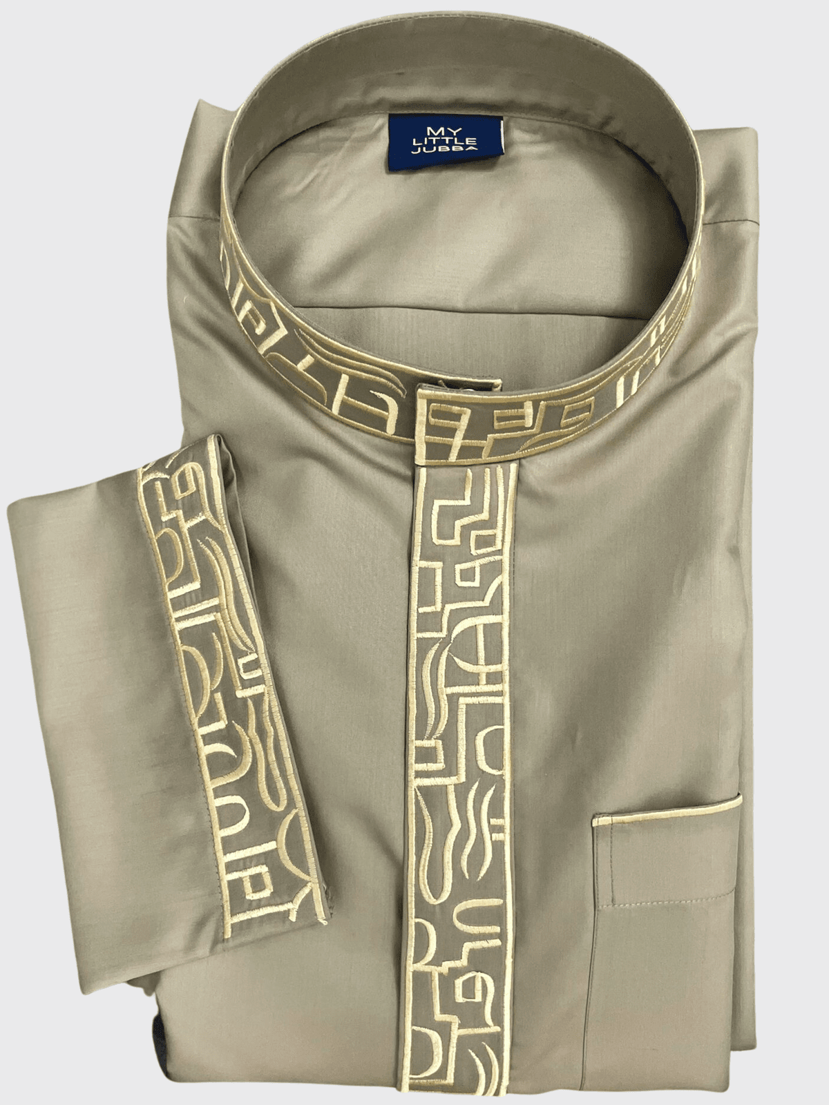 Mens Silvered Sage Kuwaiti Thobe with Gold Embroidery