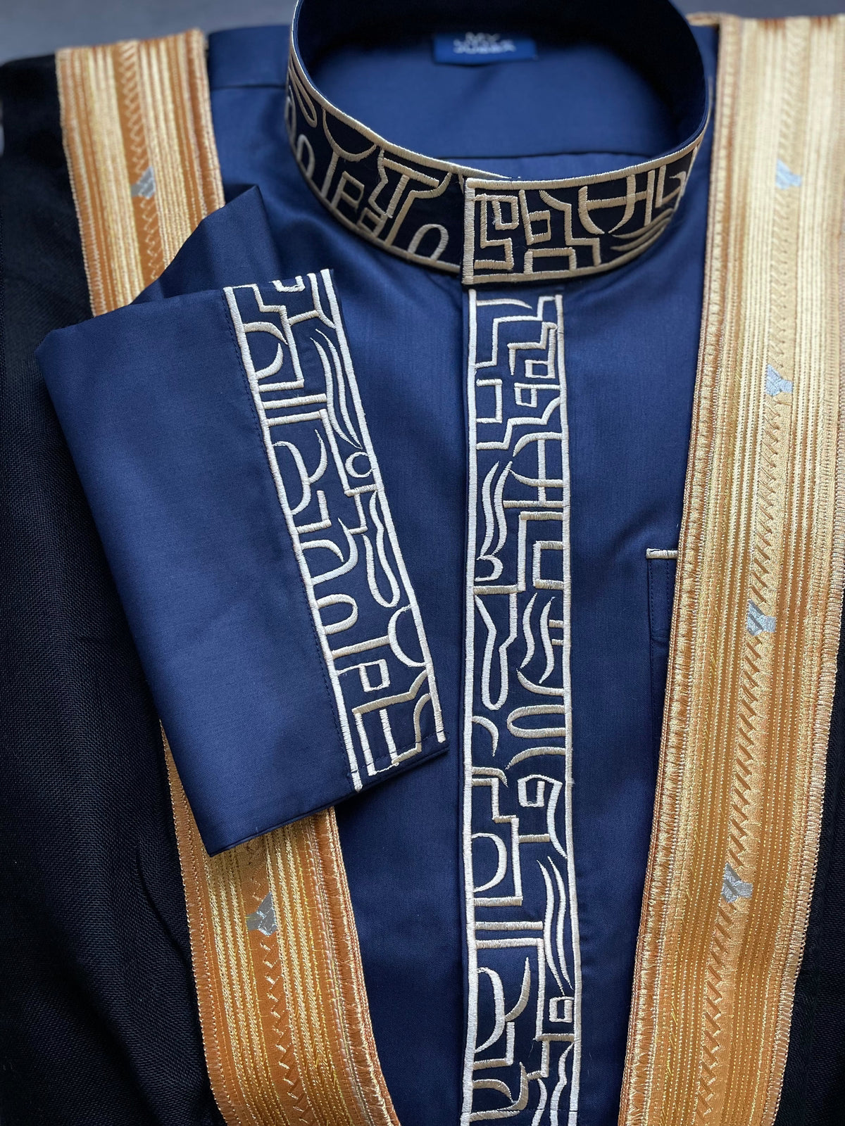 Mens Blue Thobe with Gold Embroidery 3 Pcs Set