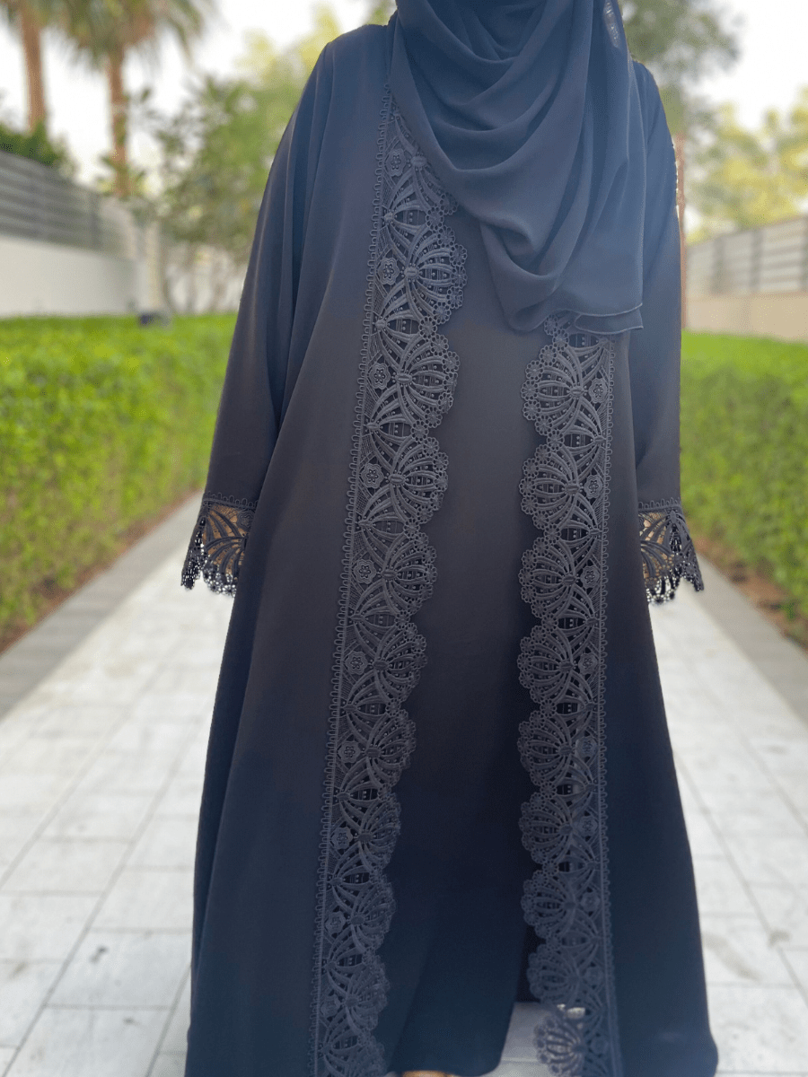 Black Open Abaya with Lace Detailing