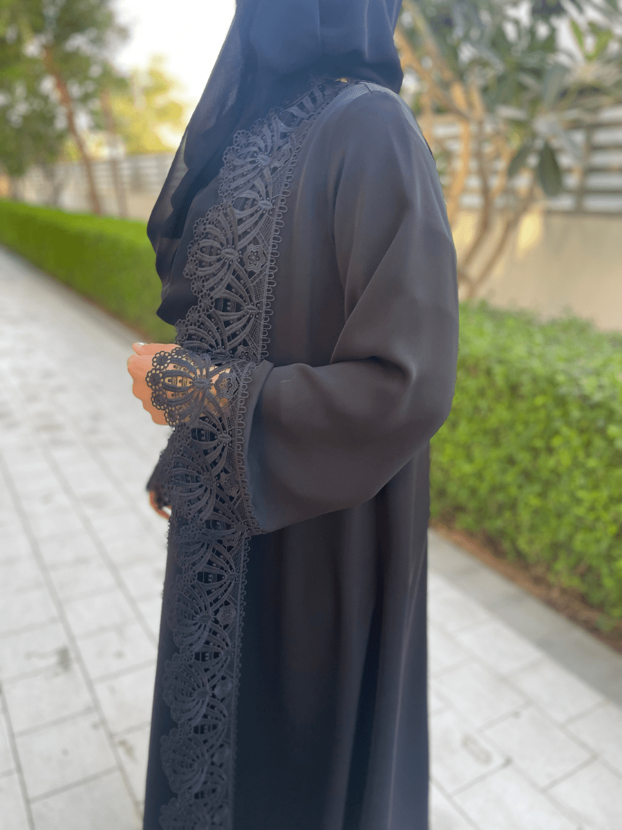 Black Open Abaya with Lace Detailing