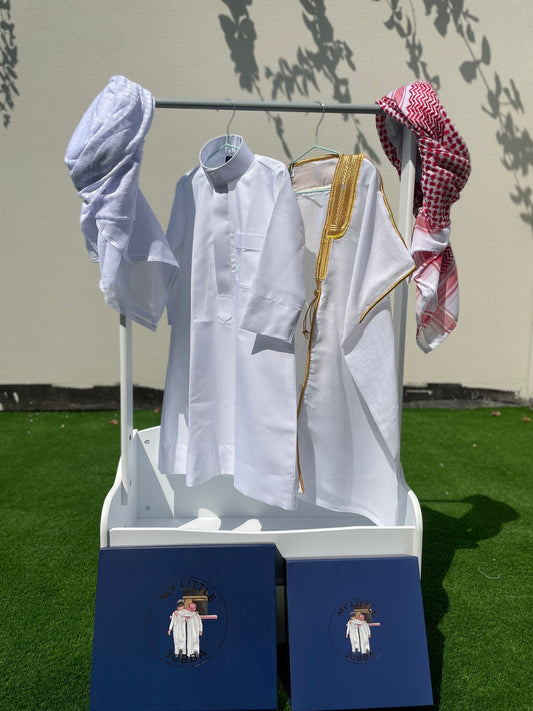 Deluxe Baby Boy Thobe Gift Set | White Bisht 0-12 Months - 4 Items