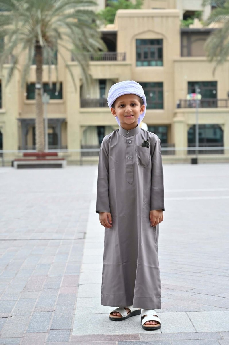 Grey Kuwaiti Kids Jubba Thobe Dishdasha Kids Jalabiya