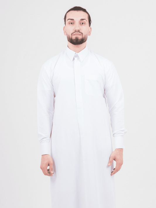 Mens White Cashmere Wool Qatari Thobe with Front Pleat