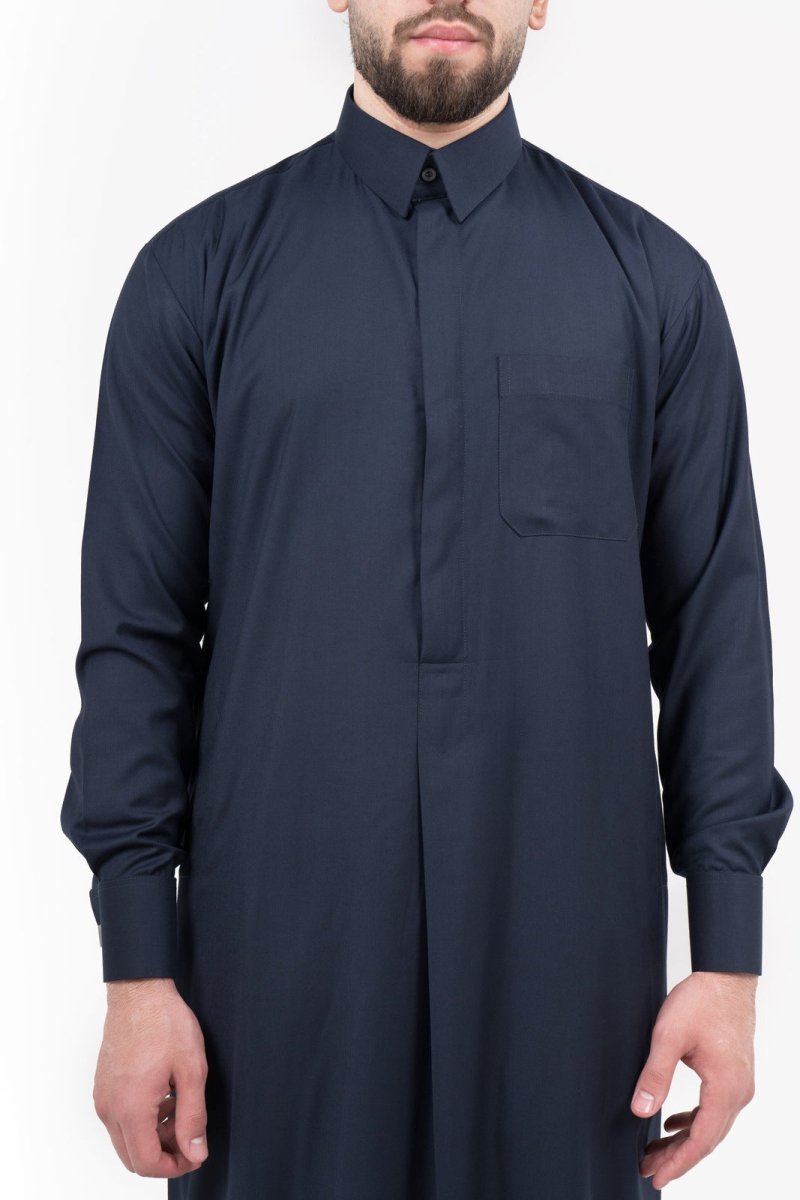 Mens Marine Cashmere Wool Qatari Thobe Pleat | Thawb | Dishdasha |Jubba ...