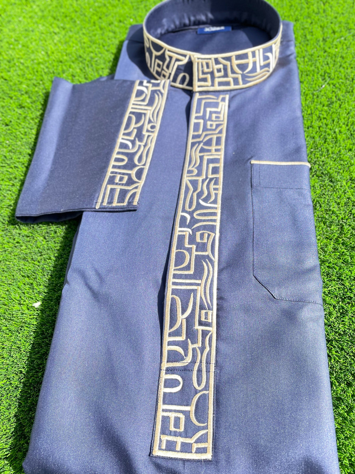 Mens Deep Denim Blue Kuwaiti Thobe with Gold Embroidery