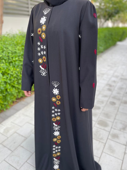 Elegant Black Open Abaya with Vertical Floral Accents