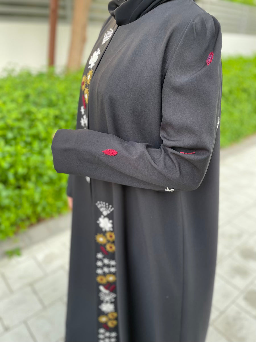 Elegant Black Open Abaya with Vertical Floral Accents