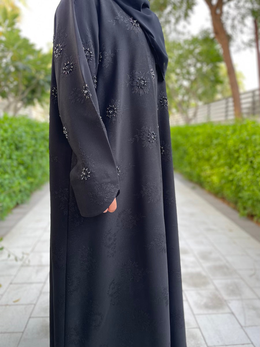 Black Open Abaya with Floral Embossed Design and Handcrafted Beading