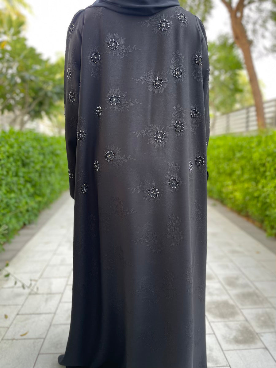 Black Open Abaya with Floral Embossed Design and Handcrafted Beading