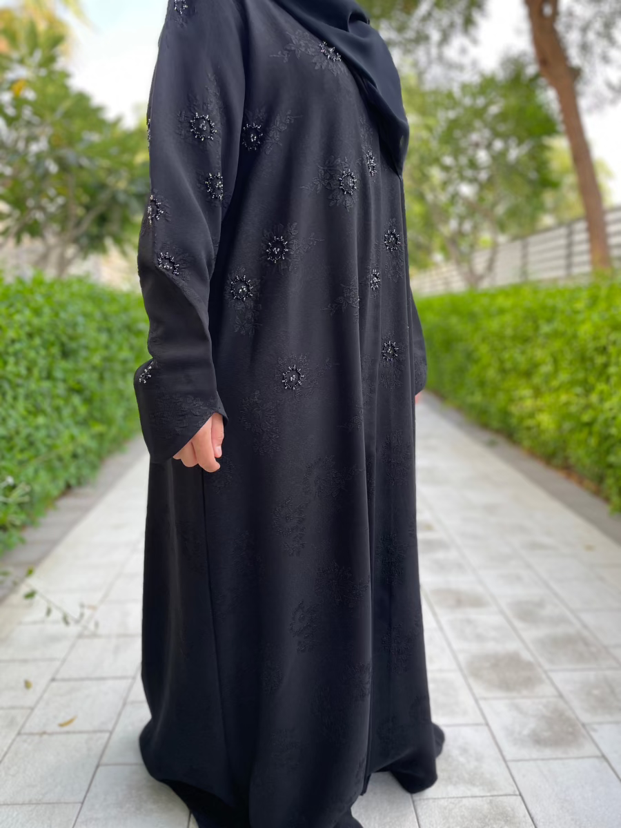 Black Open Abaya with Floral Embossed Design and Handcrafted Beading