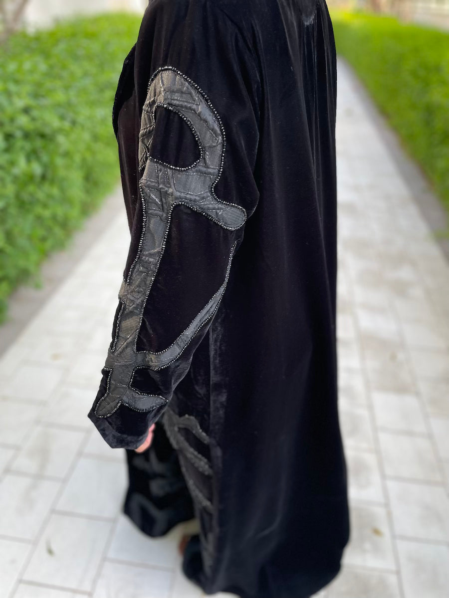 Thick Velvet Black Open Abaya with Elegant Embroidery