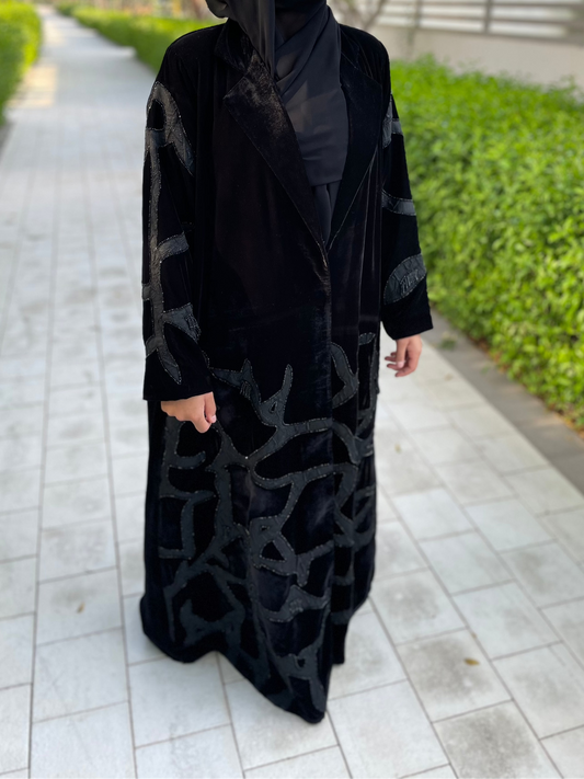 Thick Velvet Black Open Abaya with Elegant Embroidery